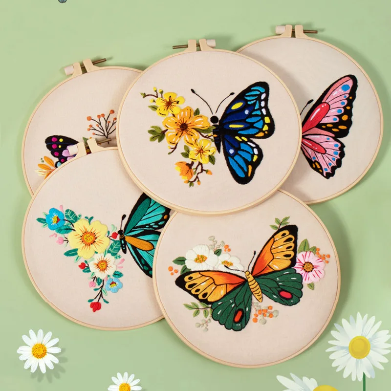 Butterfly Flower Embroidery Stitch Practice kit Beginners Embroidery Kit Include Cloth Threads for Craft Lover DIY