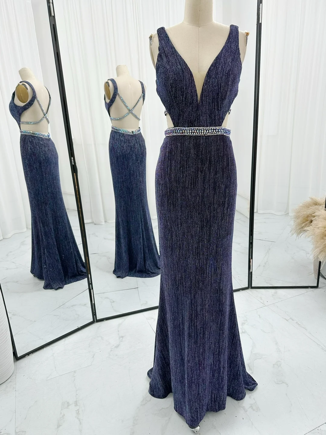

Dark Blue Viex V -Neck Limbad Beads Slim Slim Slim Slim M1295 M1295