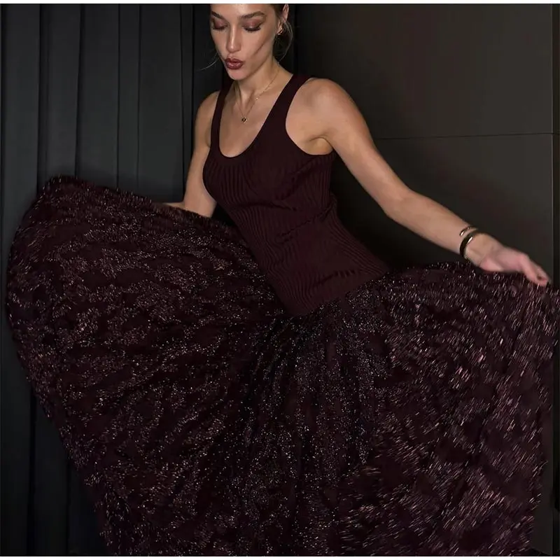 Elegant Knitted Sequin Long Dresses Women Vintage Glitter Solid O-neck Sleeveless Maxi Evening Dress Female Chic Street Party