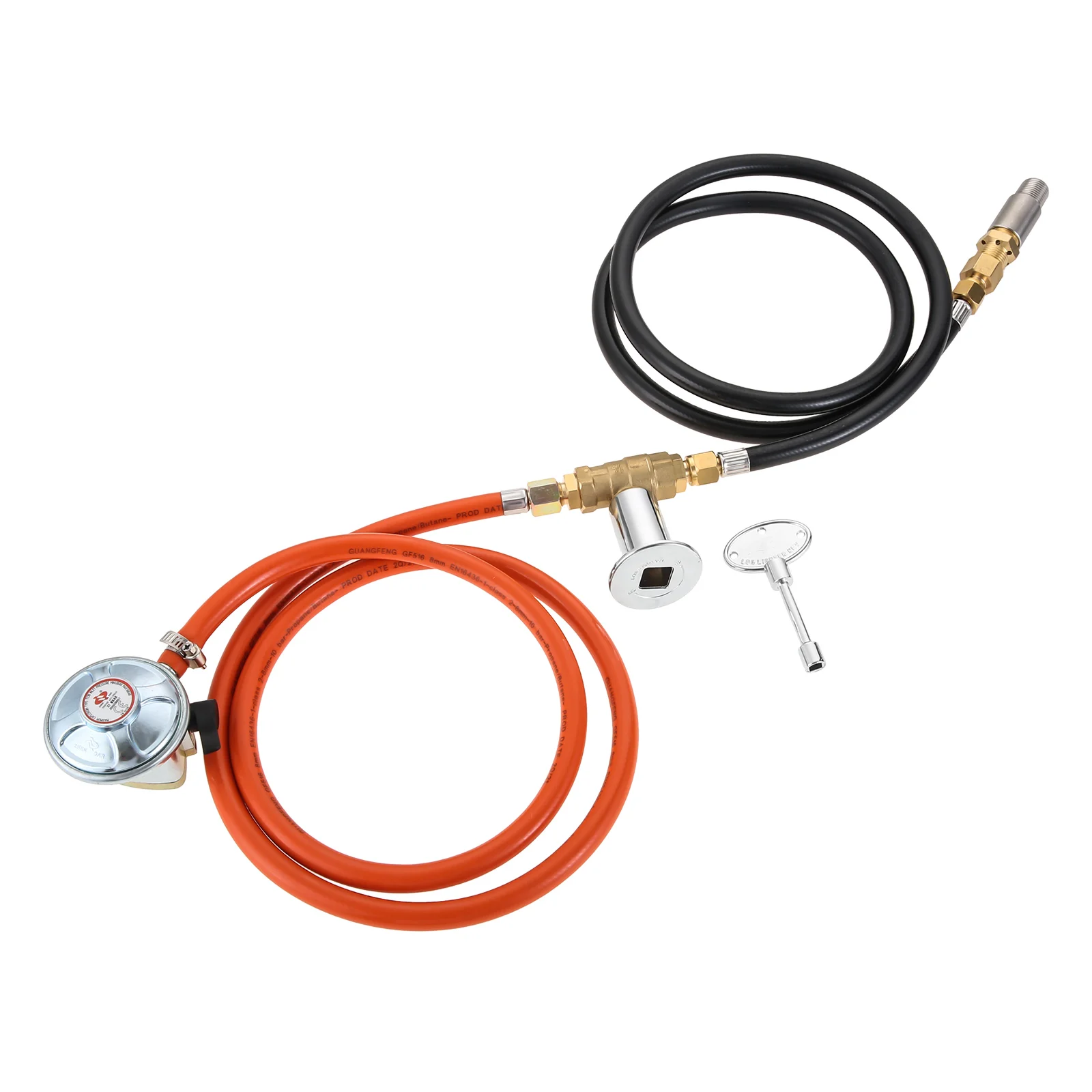 

7pcs/set 150K BTU 27mm 37Mbar Clip on Gas Bottle Regulator Propane Fire Pit Brass Valve + Key 5FT Hose Control Assembly Kit