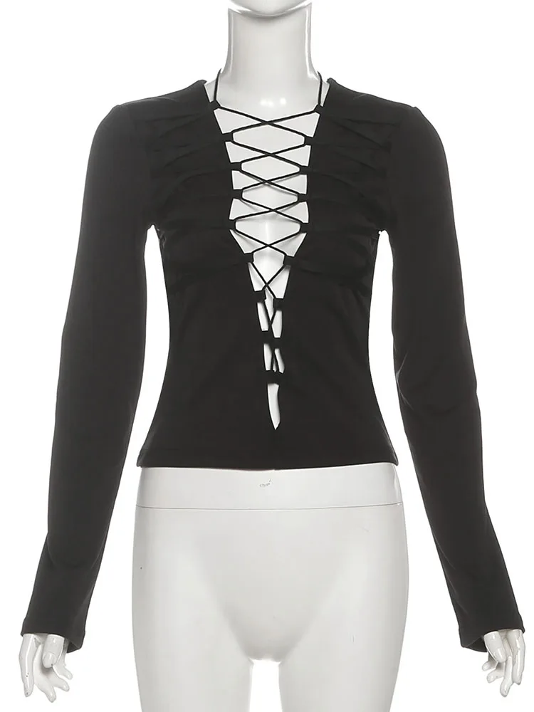 Nibber Ruched Shirring T-Shirt Women sexy Deep V-Neck Hollow Full Sleeve Simple Wild Hottie Midnight Stretch Street Clubwear