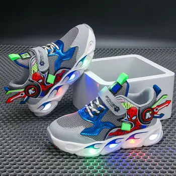 Disney Boys Sneakers Cartoon Sports Shoes Spring Autumn Led Light UP Lighting Mesh Black Red Kid's Toddler Shoes Size 22-37 5