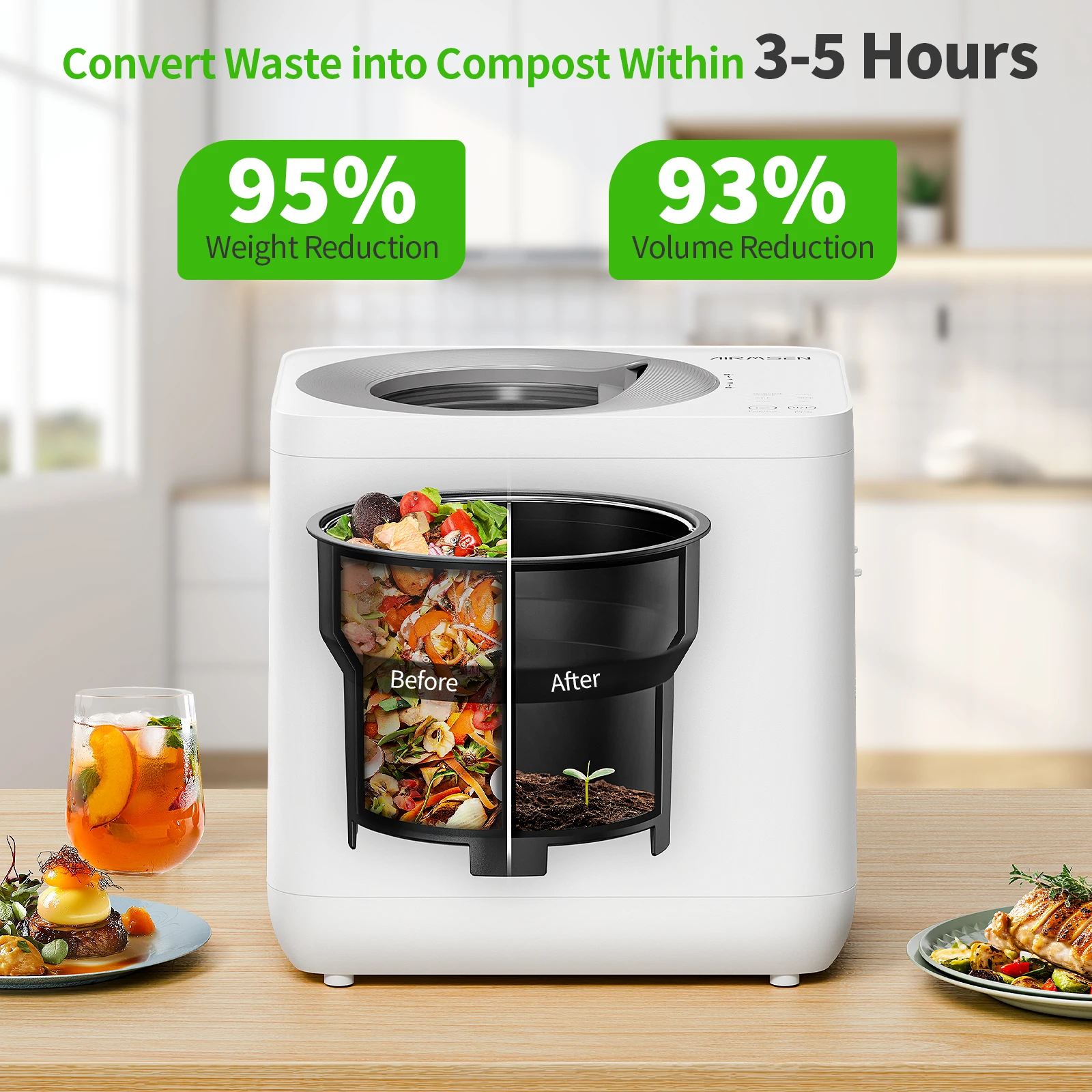 AIRMSEN Kitchen Compost Bin, 4L Odor-Free Indoor Food Waste Composter, 3-5 Hours Fast Composting, Smart Sensor & Stronger Blades 2