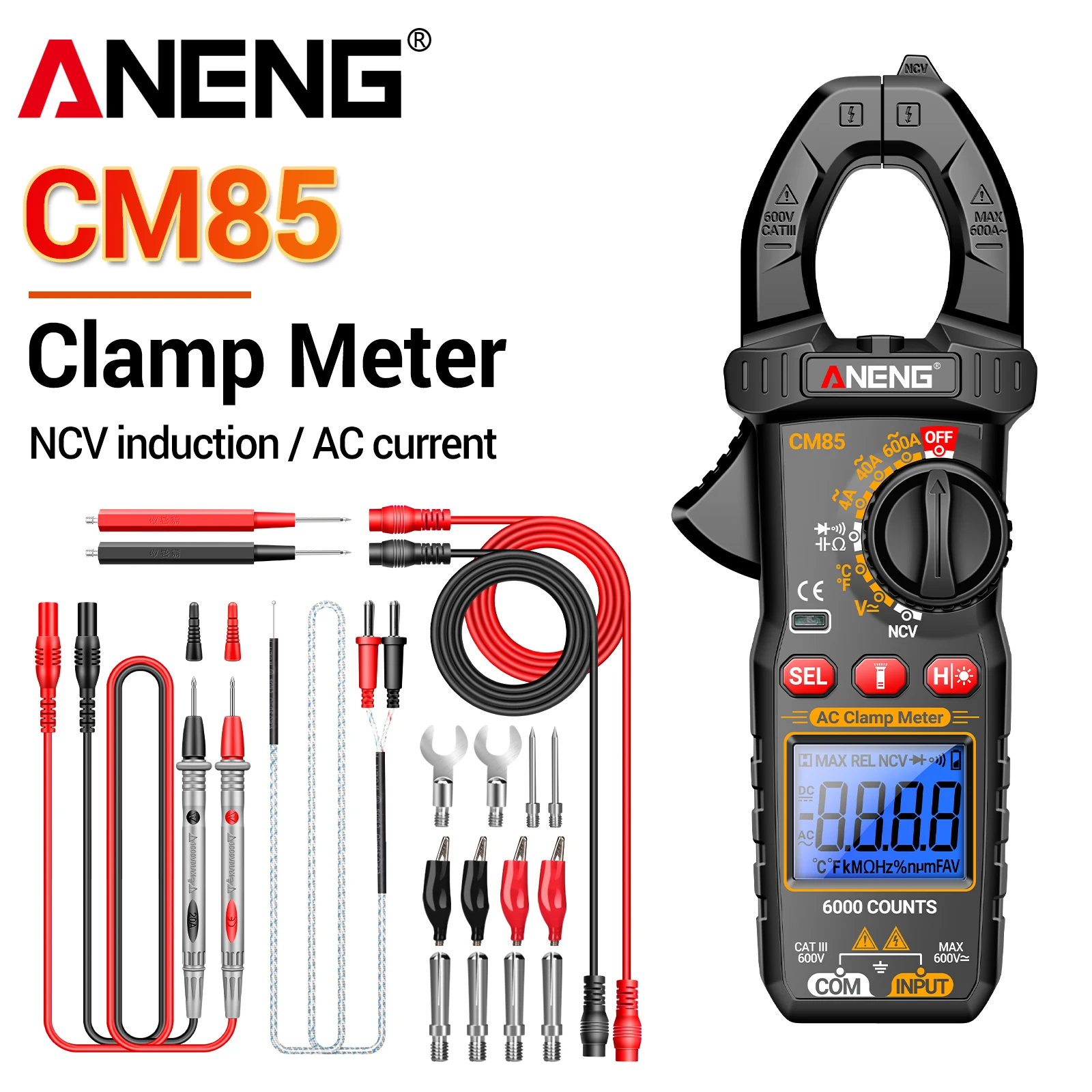 ANENG CM85 600A 전류 클램프 미터 비접촉 전력 측정 6000 카운트 고정밀 NCV 전기공 멀티미터 테스트 도구