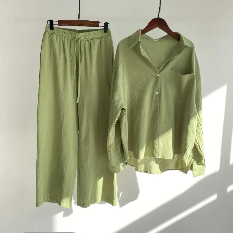 

Casual Cotton Linen Women Shirt Loose Drawstring Wide Leg Pants Two Piece Set Vintage Autumn High Waist Work Y2k Outfits 30349