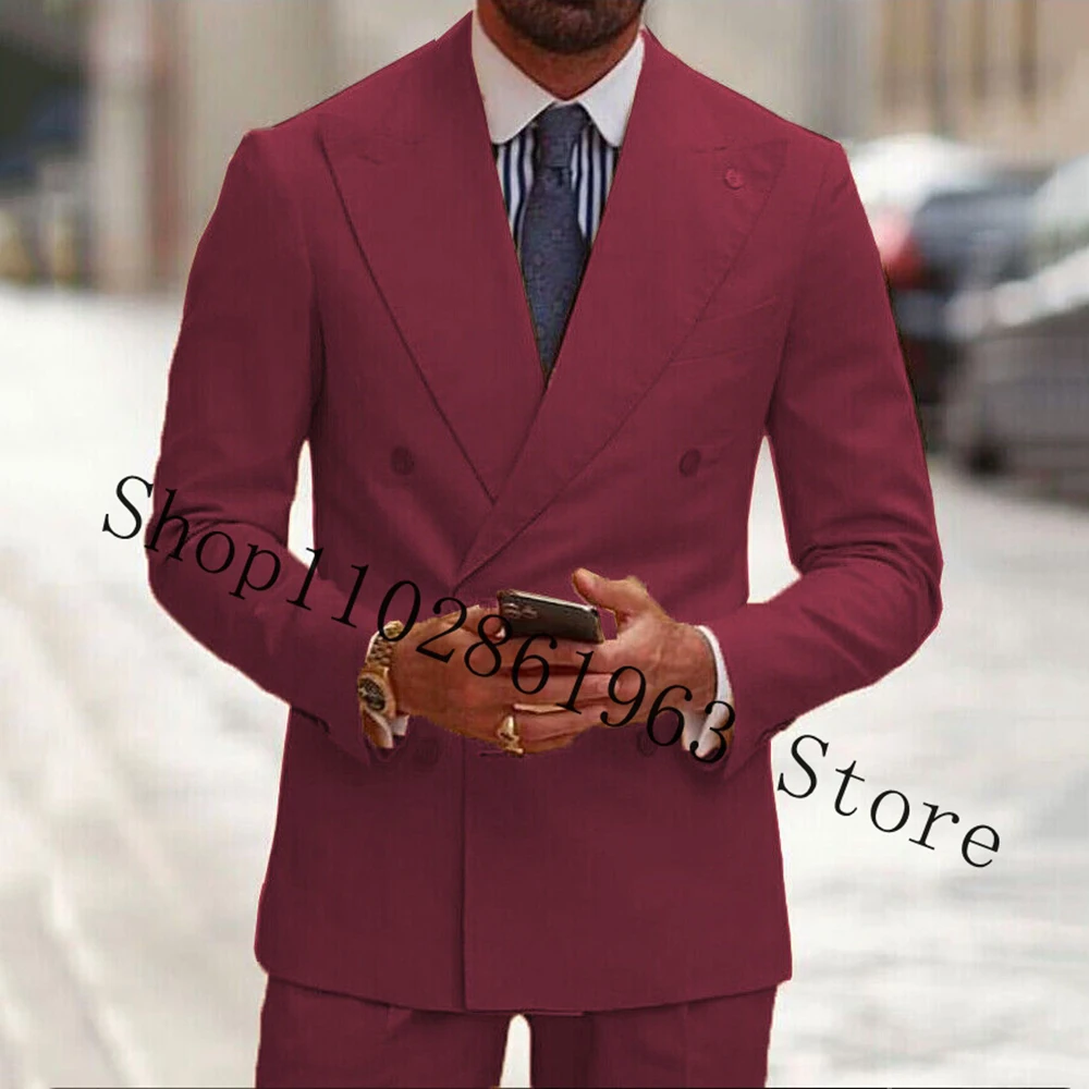 Navy Blue 2 Pieces Men Suits Slim Fit Peak Lapel Double Breasted Formal Groomsmen Wedding Tuxedos Blazer Pants Costume Homme