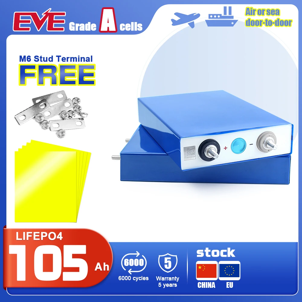 

HAKADI EVE Grade A 3.2V 105AH Lifepo4 Battery Original Studs Nuts for 12V 100Ah Energy Storage System Electric Scooter Solar