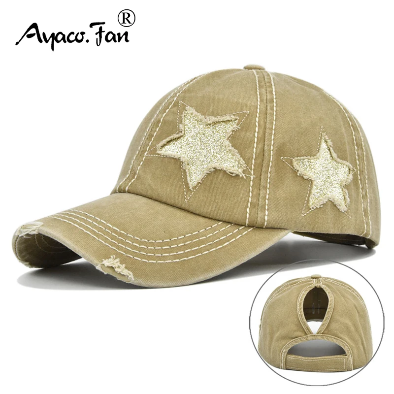 Hole Star Baseball Cap New Spring Sunhat Washed Girls Women Cotton Snapback Caps Fashion Hip Hop Vintage Female Ponytail Hat
