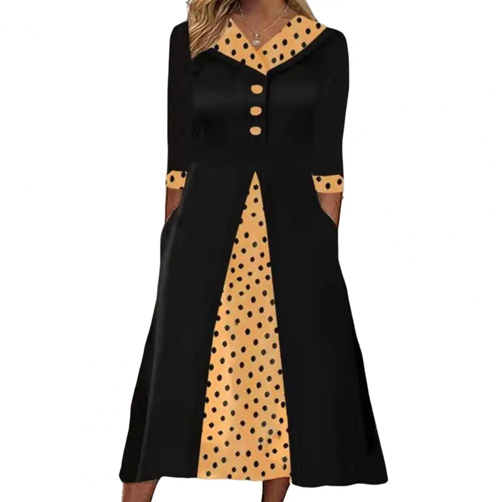 

Summer Dress Women 2023 Pocket V-neck Dot Printing Patchwork Button Beach Dress A-Lined Half Sleeve Vintage Dress