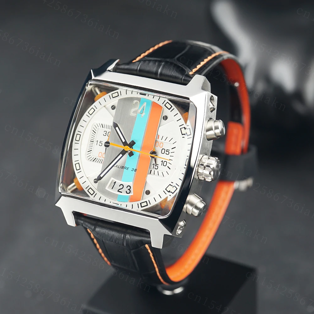 2022Fashion New Men's Color Bar Square Dial Sapphire Mirror Stainless Steel Leather Strap Sports Leisure Waterproof Quartz Watch
