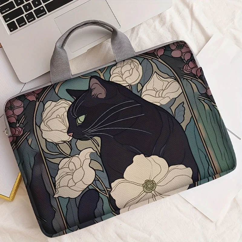 1pc，Two styles, Camellia Black Cat Pattern Printed Laptop Bag Soft Laptop Fabric Cover suitable for 14 inch laptops