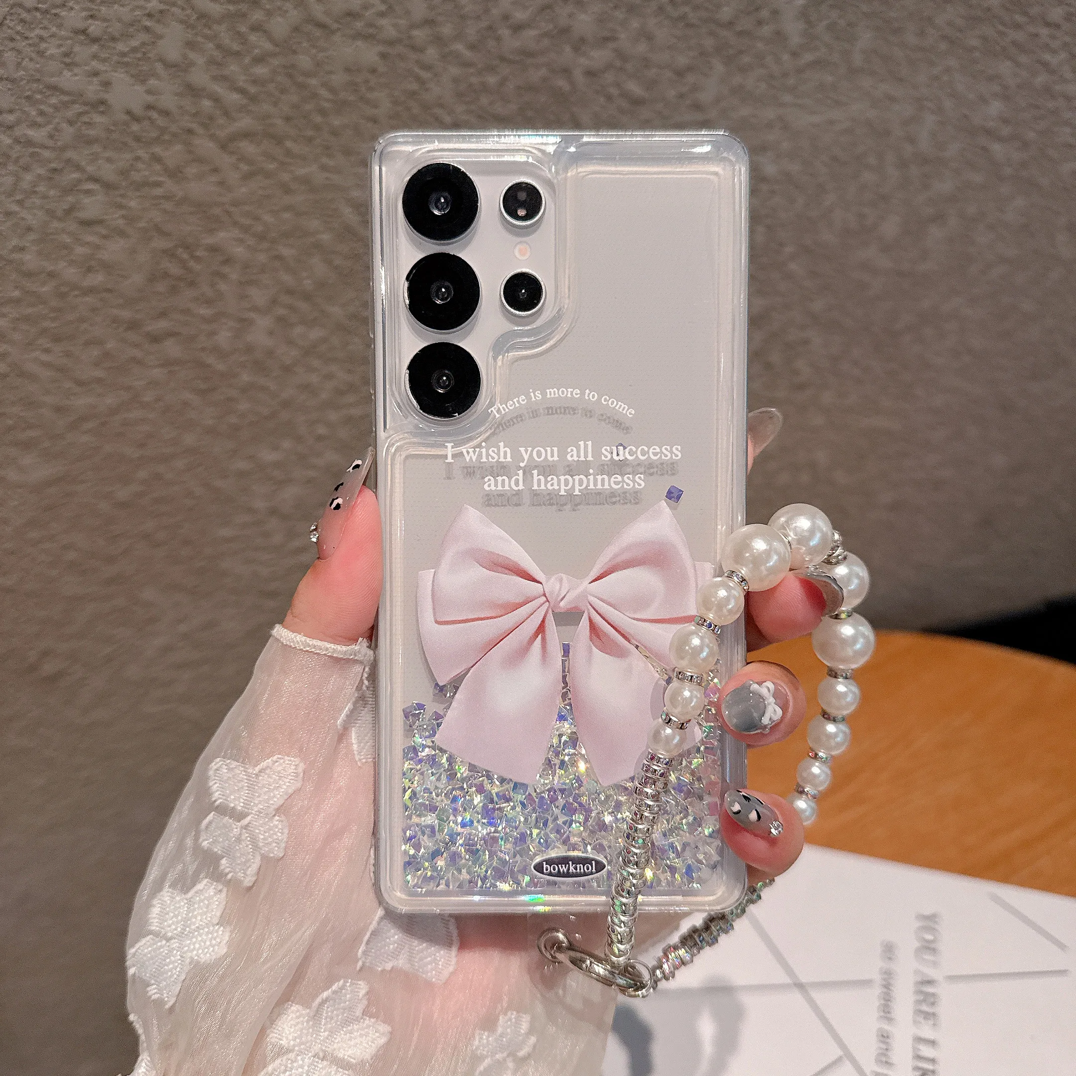 Luxury Luminous Quicksand Glitter Phone Case with Big Bow and Lanyard