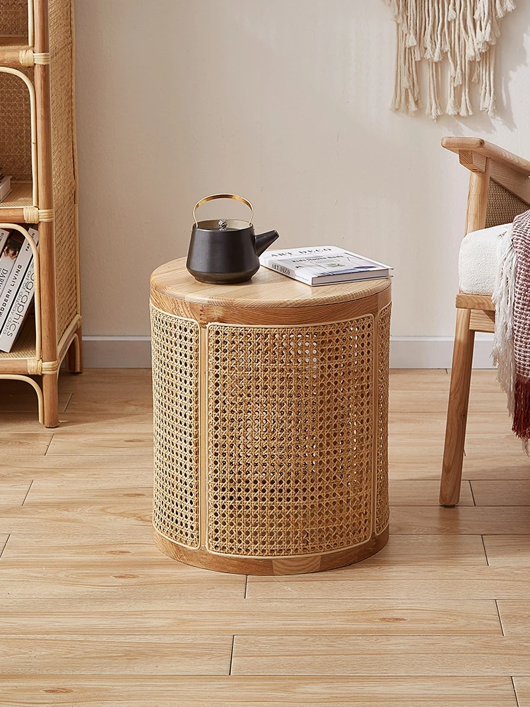 

Vintage rattan woven solid wood round side table, living room, home, minimalist balcony, tea table, small family