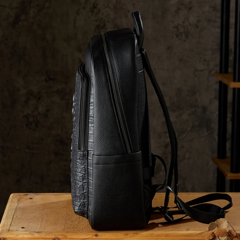 Fashion Genuine Leather Backpack Men Alligator Pattern Cowhide Leather Knapsack High  Quality Rucksack Large Space Laptop Bag