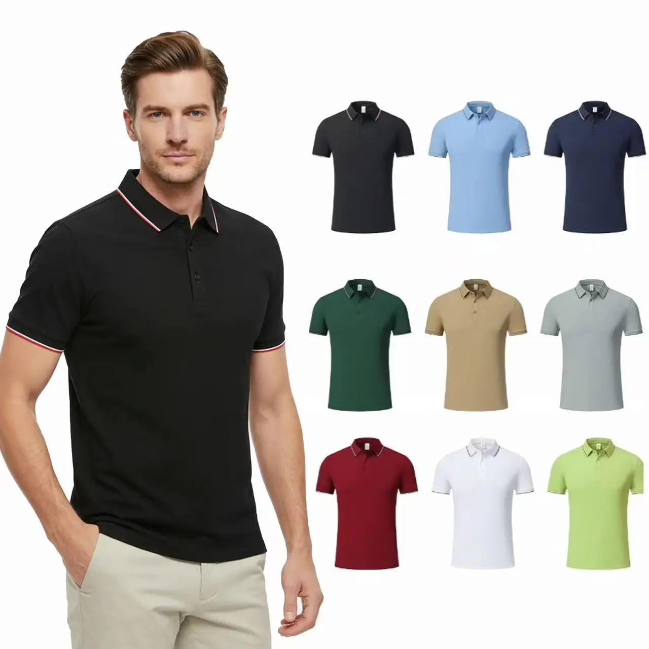 Polo da Uomo Casual a Maniche Corte in Seta Ghiaccio 100% Lavorata a Maglia, Asciugatura Rapida, Traspirante, Tinta Unita, Personalizzabile DTG