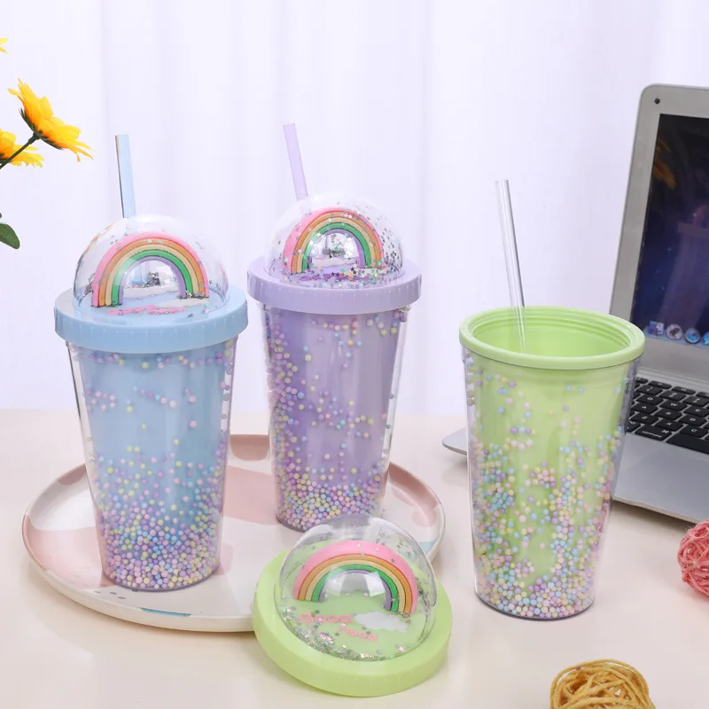 550ml Kawaii Cute Drinkware Rainbow Foam Straw Cup Girl Home Office Water  Bottle Plastic Double Layer With Straw Girl gifts - AliExpress