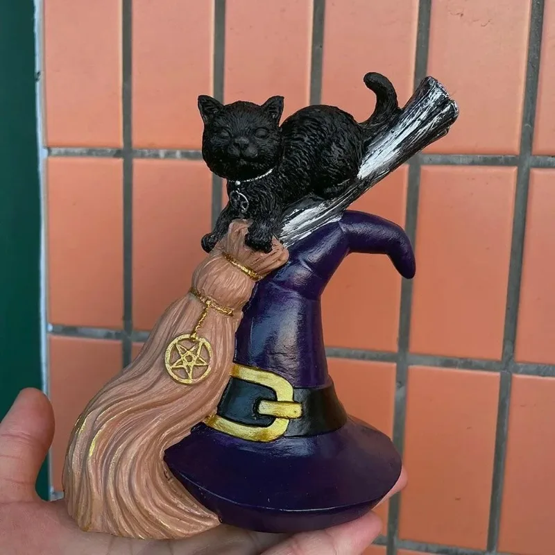 2026 Creative New Black Cat Broom Resin Crafts Dining Table Art Gifts Home Decoration Statue Halloween Desktop Decoration