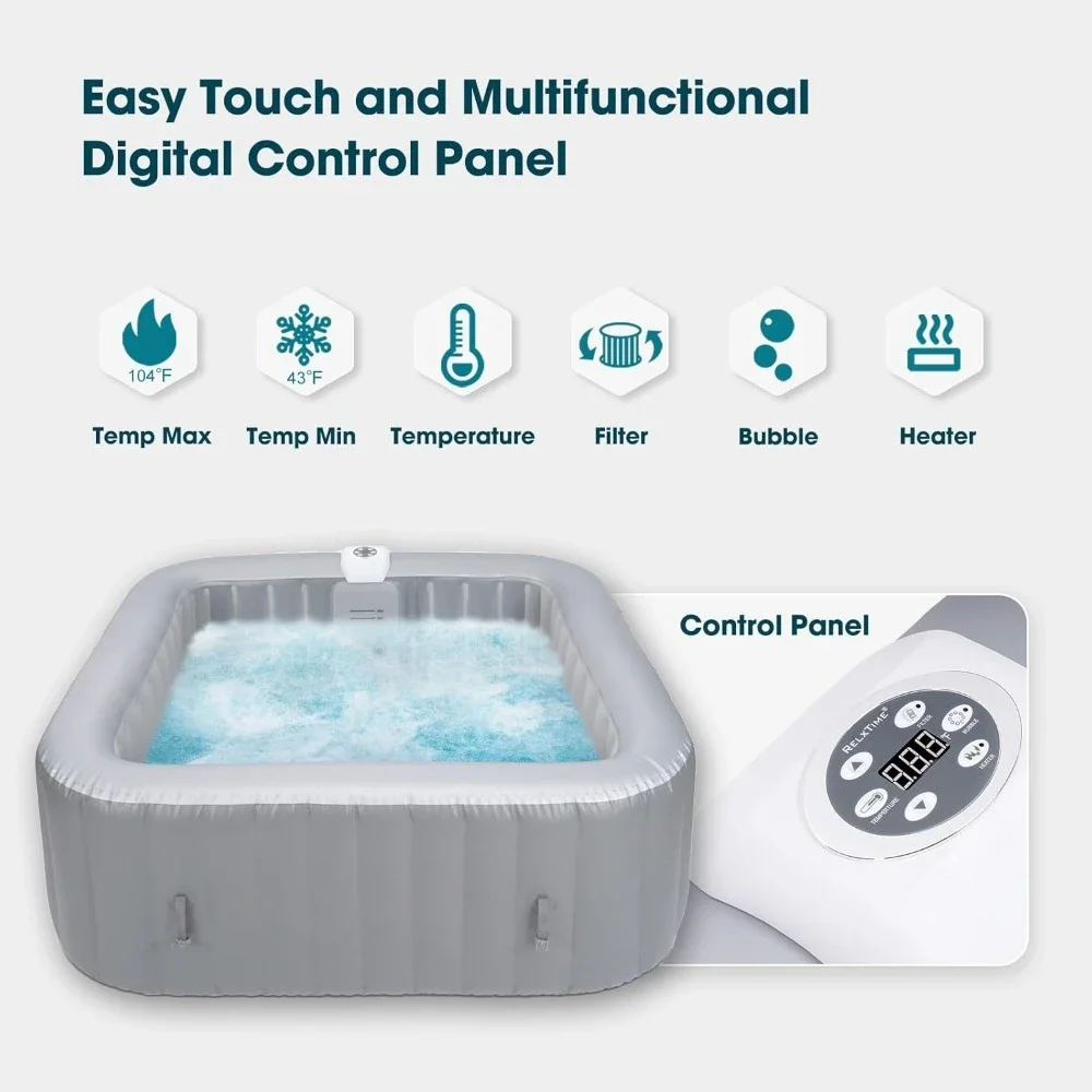 Inflatable Hot Tub 4-6 Person, Blow Up Spa Square Portable Outdoor Hottub, 130 Soothing Bubble Air Jets, Cover