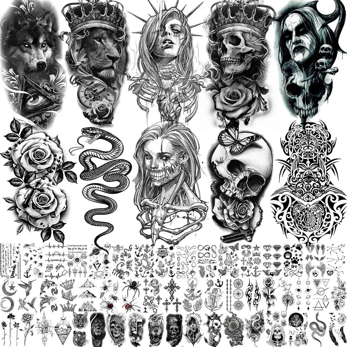 

62 Sheets Black Scary Skull Vampire Temporary Tattoos For Men Women Neck Arm Tattoo Sticker Fake Snake Flower Compass Tatoos 3D
