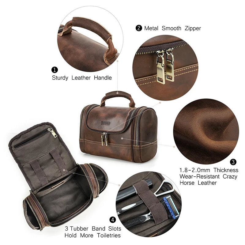 Contact's Men Business Travel Wash Toiletry Bag Crazy Horse Leather Washing Tool Storage Bag Cosmetics Handbag 5