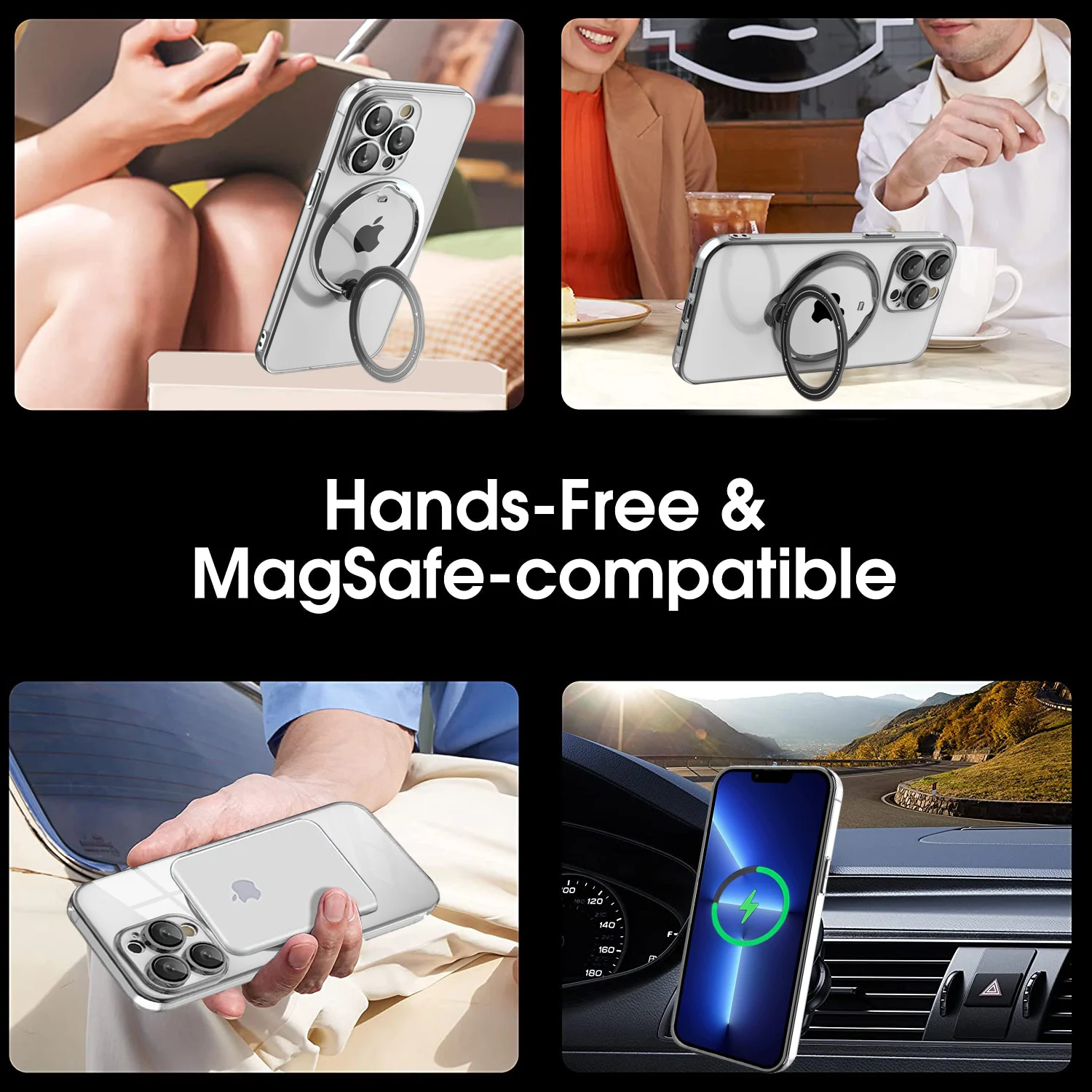 360 Rotating Bracket Ring Holder Car Mount Case for iPhone 15 14 13 12 11 Pro Max Magsafe Magnetic Wireless Charging Clear Cover