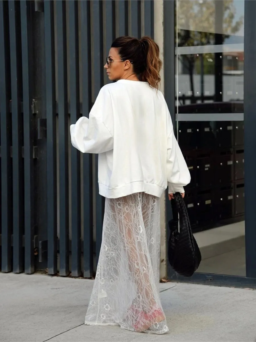 New Jacquard Lace Sheer Long Skirt Women Elastic Waist White