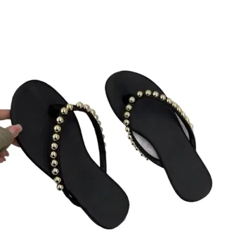 2026 Summer Fashion Woman Pearls Beach Flip Flops Clip Toe Flat Slides Sandals Comfortable Non Slip Outdoor Slippers for Women 1