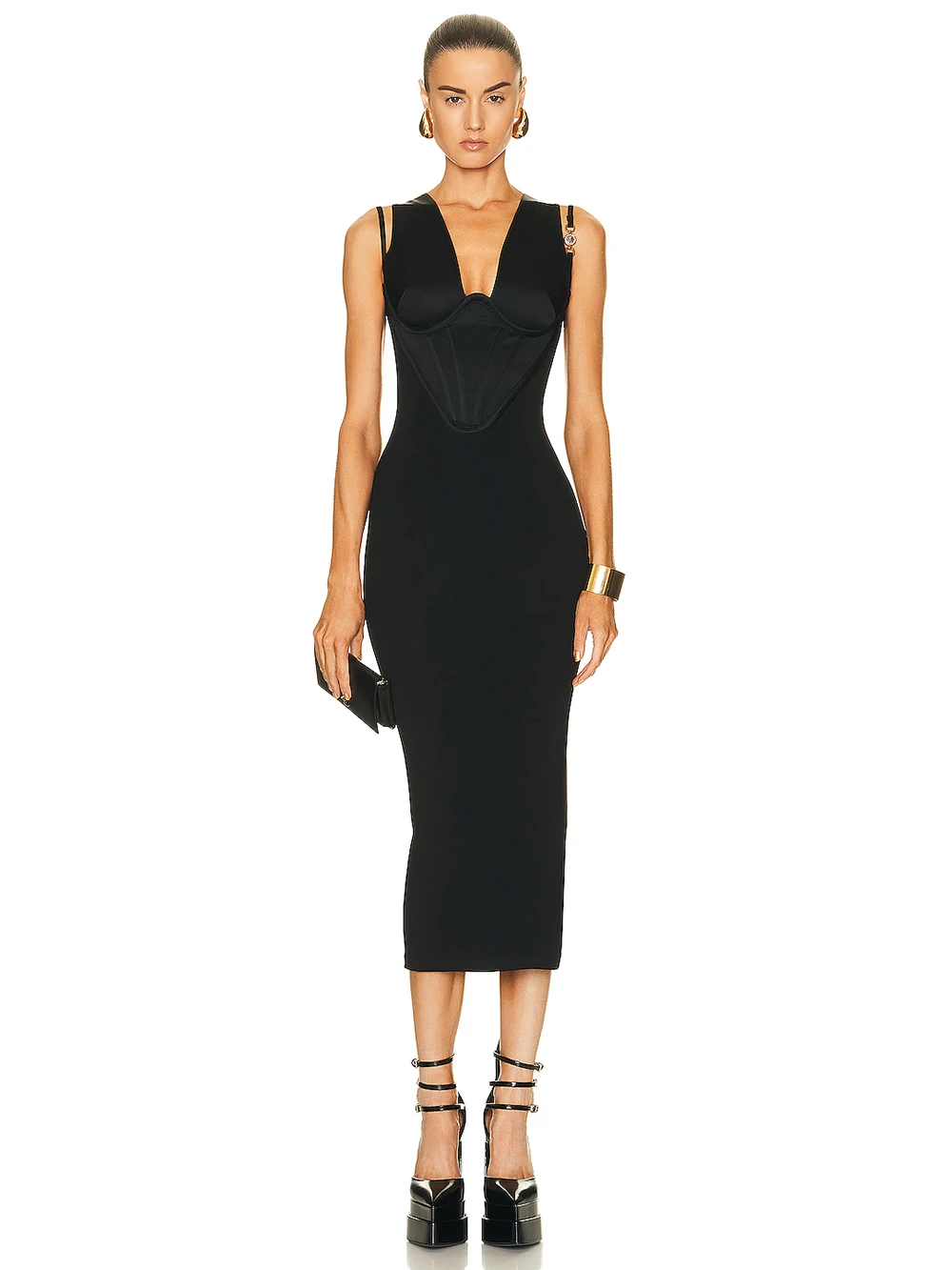 

2023 New Black Sexy Women's Sleeveless V-Neck Bandage Metal Bodycon Fashion Club Party Evening Midi Fashion Dress Vestidos
