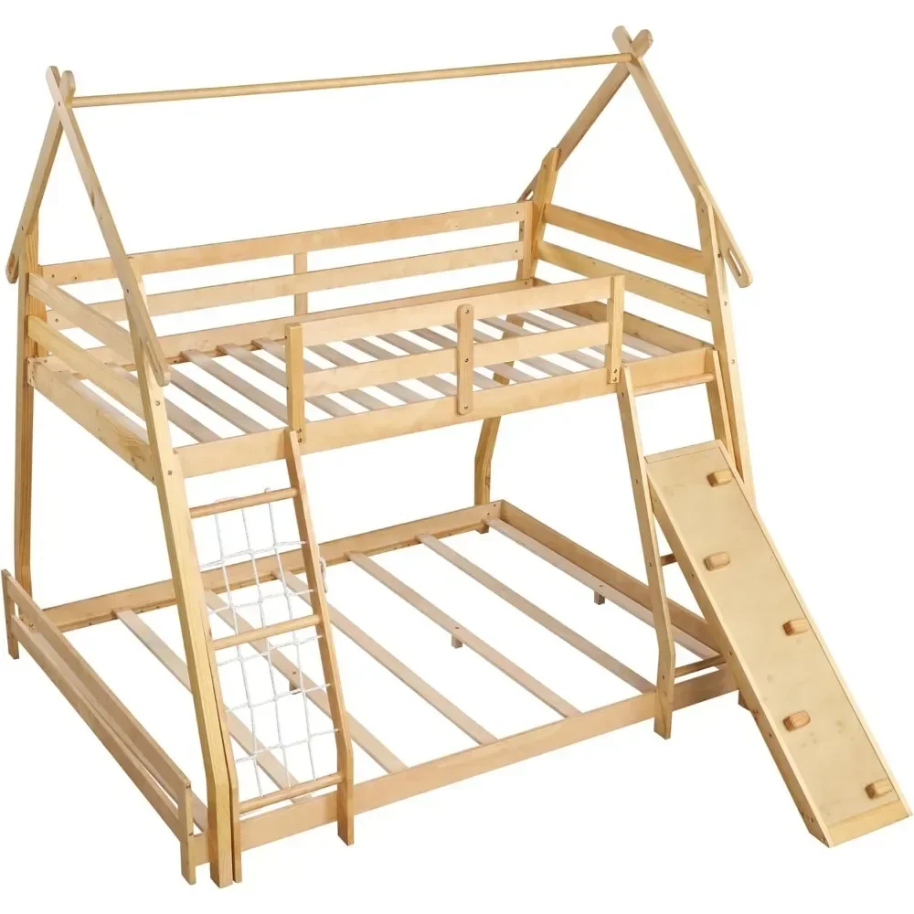 Wood Twin Over Queen House Bunk Bed, Playhouse Floor Low Bunk Bed with Climbing Nets & Ramp,Not Box Spring Required (Natural) 2