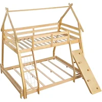 Wood Twin Over Queen House Bunk Bed, Playhouse Floor Low Bunk Bed with Climbing Nets & Ramp,Not Box Spring Required (Natural) 2