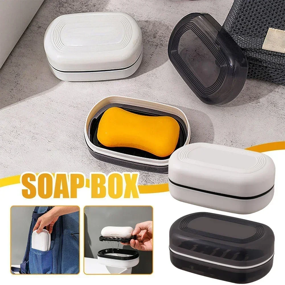 1pc Soap Box With Lid Travel Reusable Dish Holder Container Soap Case Bathroom Accessories PP Double Layer Drainage Net Handle 5