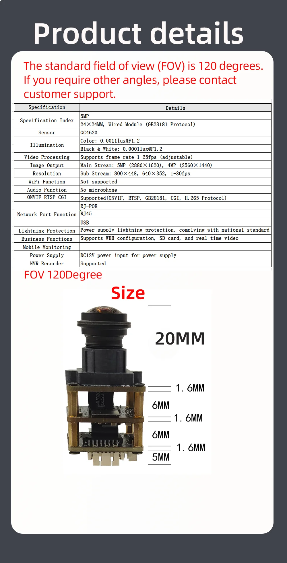5MP IMX335 ONVIF Kameramodul DFov 120 ° für RJ-PoE/RJ45/USB-Schnittstelle 24mmx24mm IP-Kamera Farbüberwachung RTSP JPEG-Erfassung – Detail 2
