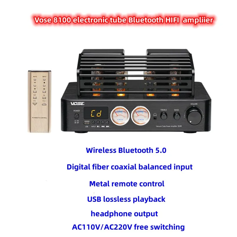 

Пульт дистанционного управления VOSE 8100 Bluetooth 5,0 200 Вт * 2 стерео 6J4P 6H6P 6K4 6J1 вакуумная трубка VU Meter домашний аудио усилитель сбалансированный вход