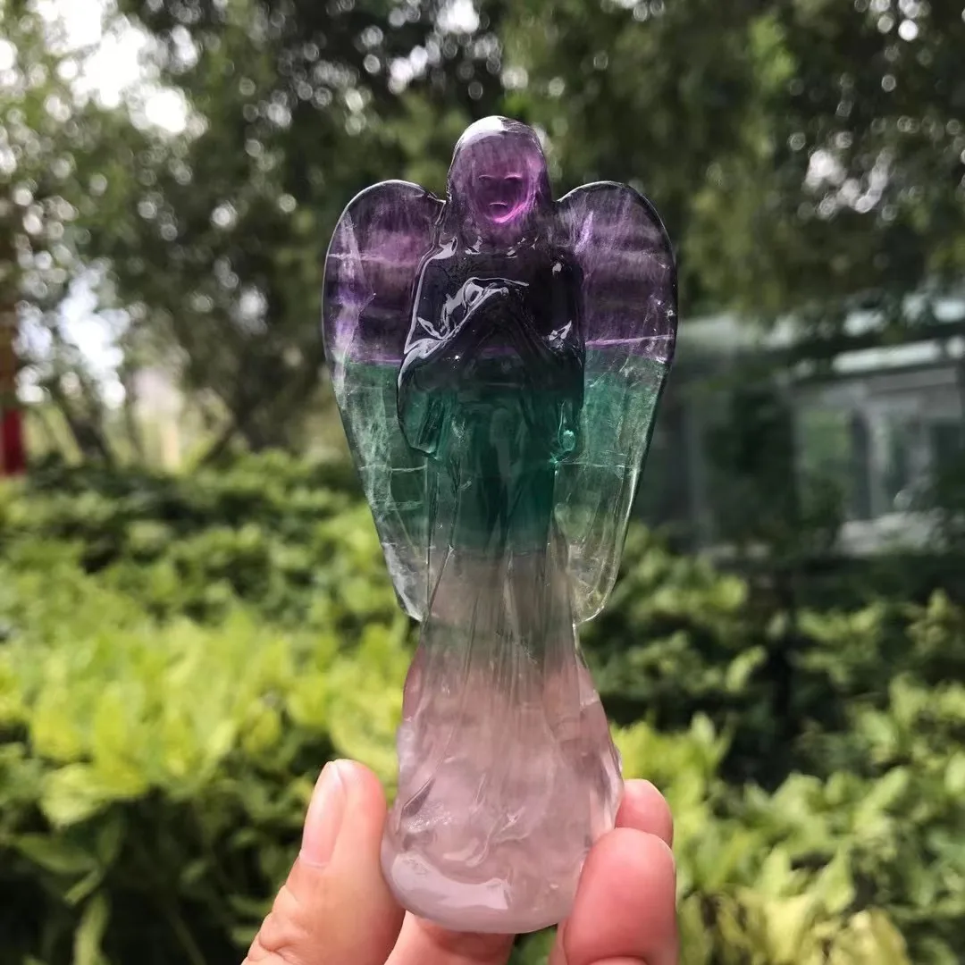 

10cm Natural Color Fluorite Angel Statue Stone Carving Crafts Gem Home Decor Crystal Healing Reiki Quartz