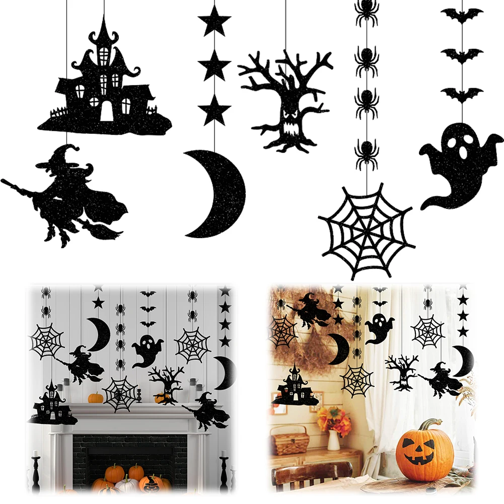 6Pcs Halloween Black Hanging Wizard Ghost Spider Ornament PVC Hanging Spider Star Moon Backdrop Decor for Haunted House Decor
