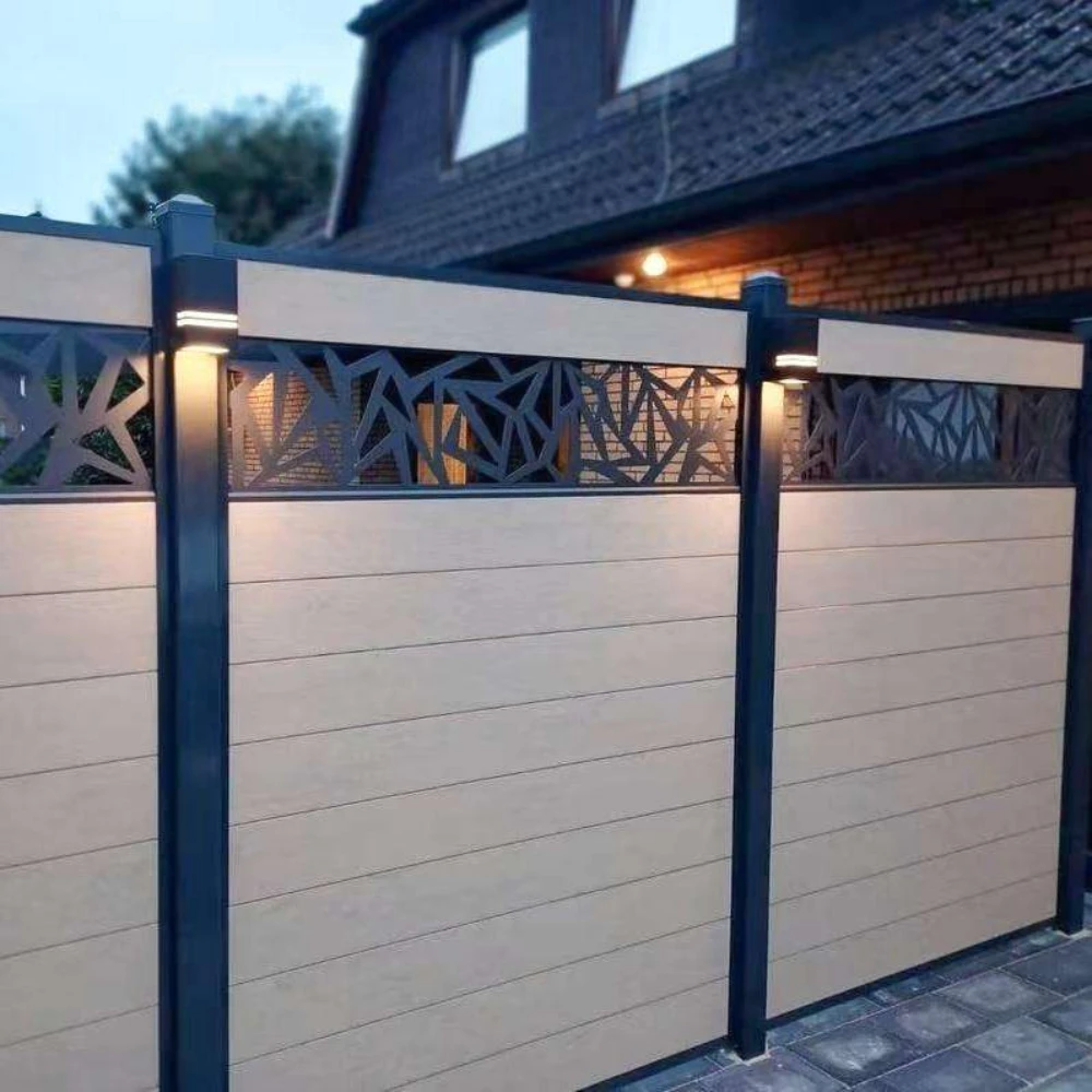 Laser Cut Privacy Aluminum Fence Panels, Vertical Slat Design 0% Light Penetration, Modern Courtyard Gate with Anti-Climb Spikes Laser Cut Privacy Aluminum Fence Panels, Vertical Slat Design 0% Light Penetration, Modern Courtyard Gate with Anti-Climb Spikes