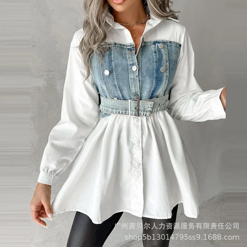 

Women Splice Denim Tops Shirts Turn Down Collar High Waist A Line Belt Shirt Single Breasted Full Sleeve Casual Loose Autumn