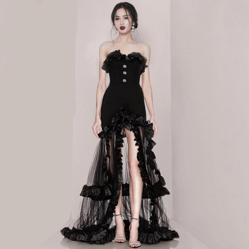 

New Black Dress For Women's Banquet 2024 Temperament long Dress Strapless Sexy Drag Floor Slit Lace Dress Annual Conference