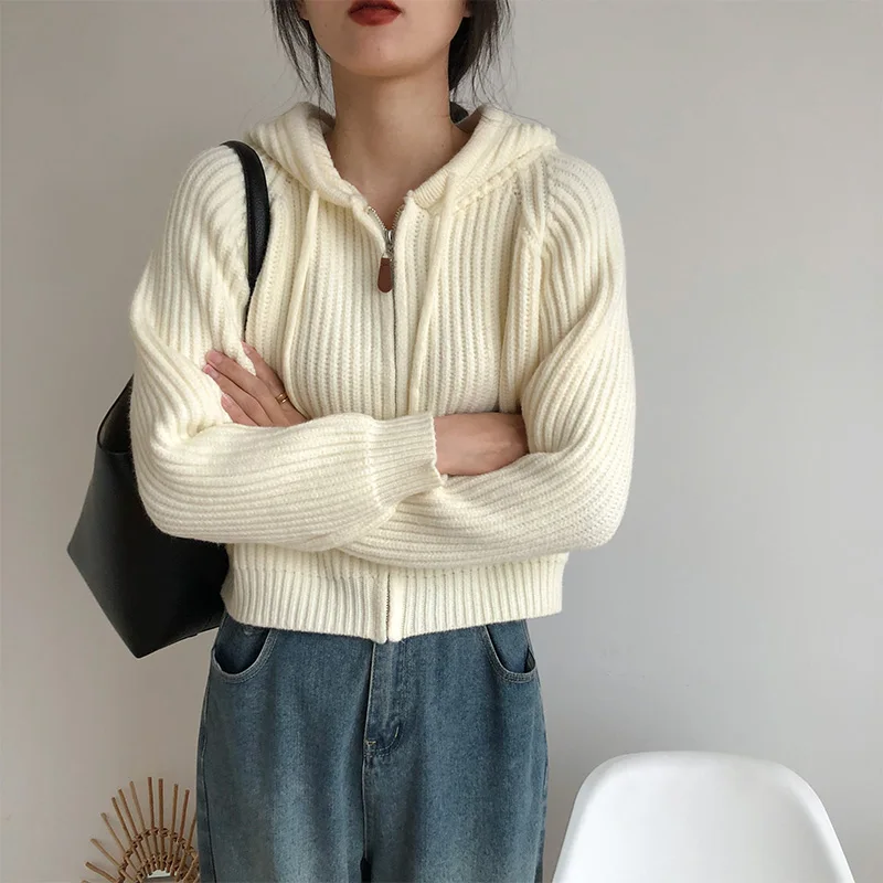 

Autumn Winter 2023 Hooded Solid Cropped Cardigan Sweaters for Women Korean Loose Lace-up Knitted Cardigans Coat Long Sleeve Tops