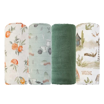HappyFlute 120*110CM Digital Print 4PCS Set Bamboo Cotton 2Layer Super Soft Muslin Swaddle High Quality Wrap For Newborn Baby 1