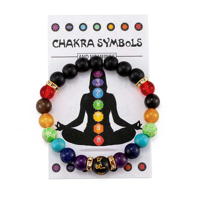 Pulsera de 7 Chakras con Cardfor de significado para hombres y mujeres, cristal Natural, joyería curativa contra la ansiedad, Mandala, pulsera de meditación de Yoga, regalo