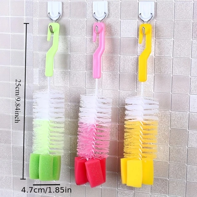 Brosse multifonctionnelle pour biberon avec Long manche, brosse de nettoyage en éponge pour cheveux fins, outil de nettoyage de tasse de vaisselle domestique Bab 5