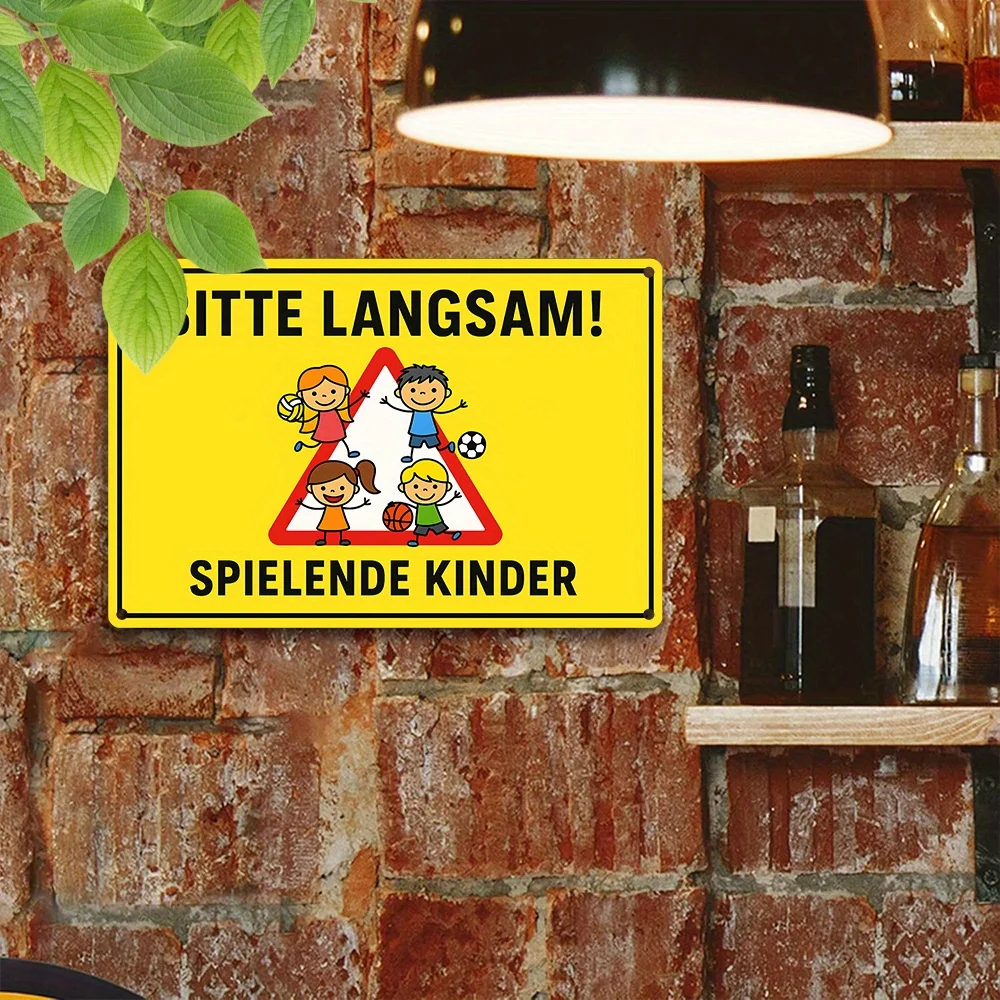 독일어로 푸비 랑삼(천천히) Spielende Kinder 금속 양철 간판, 노란색 어린이 놀이 안전 경고 벽 장식 장식판(주거용)