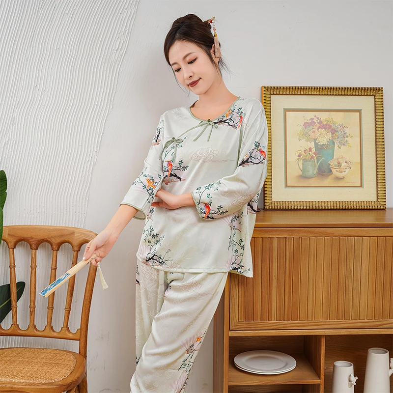 China Style Women Pajamas Chiffon Satin Surface Summer Long-sleeved Nightwear Comfortable Home Clothes Lady's Fashion Sleepwear