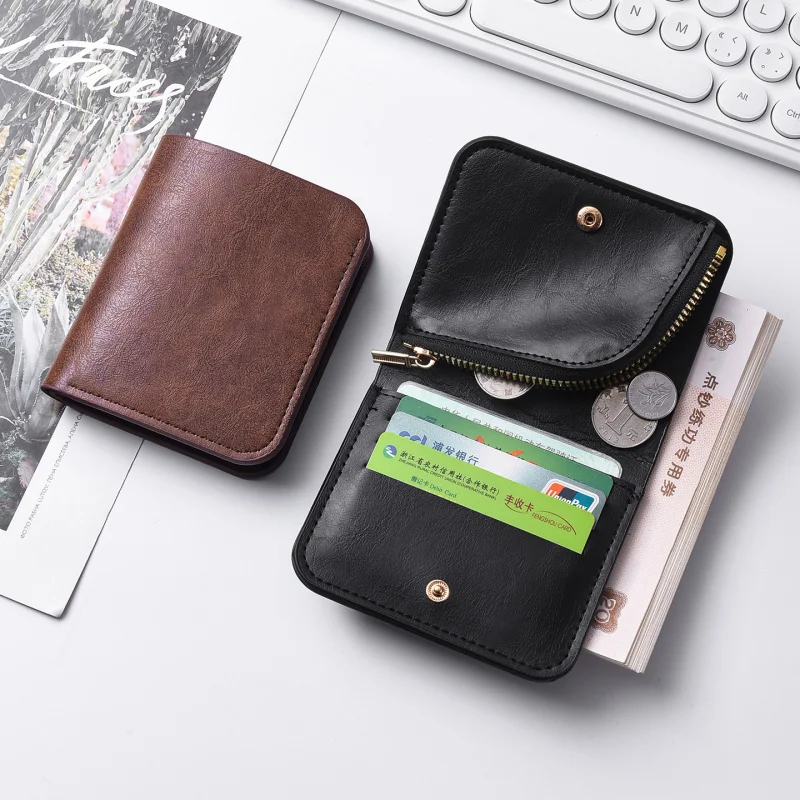 Genuine Leather Minimalist Mens Wallet Vertical Zip Around Bifold Slim RFID Blocking Vintage Retro Business Card Holder