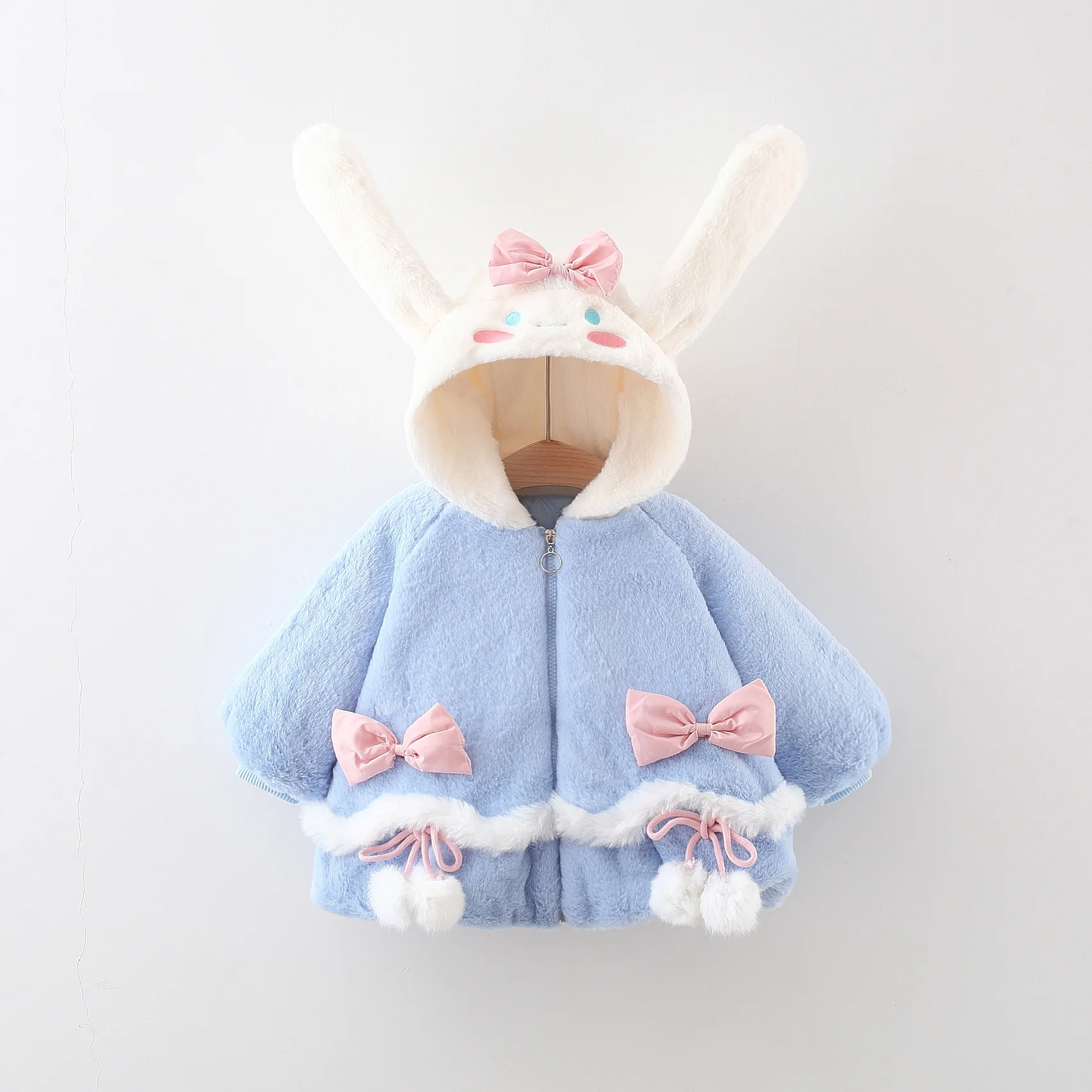 Girls Winter Two Bow Long Ear Woolen Sweater Coat Embroidered Bow