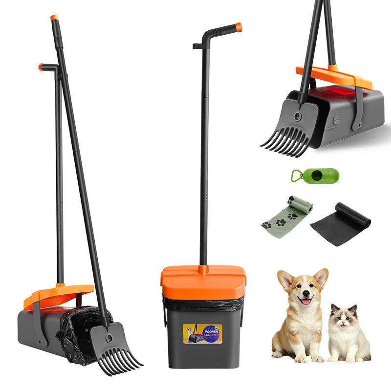 Adjustable Long Handled Pooper Scooper, Swivel Bin & Rake Kit, Portable Dog Cat Poop Picker Upper With 35 Waste Bags For Lawn_voghion.com