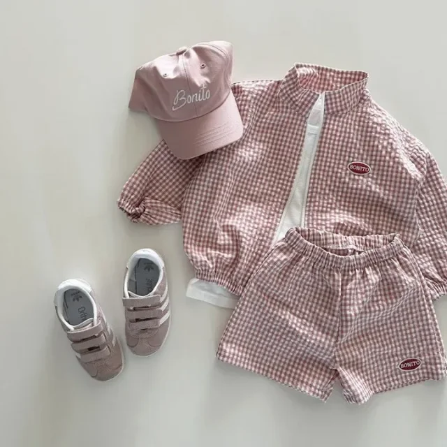 Costumes d'été coréens à carreaux pour garçons et filles, manteau à manches longues avec fermeture éclair et short, ensembles de vêtements pour tout-petits, nouvelle mode, 2 pièces, 2024 1