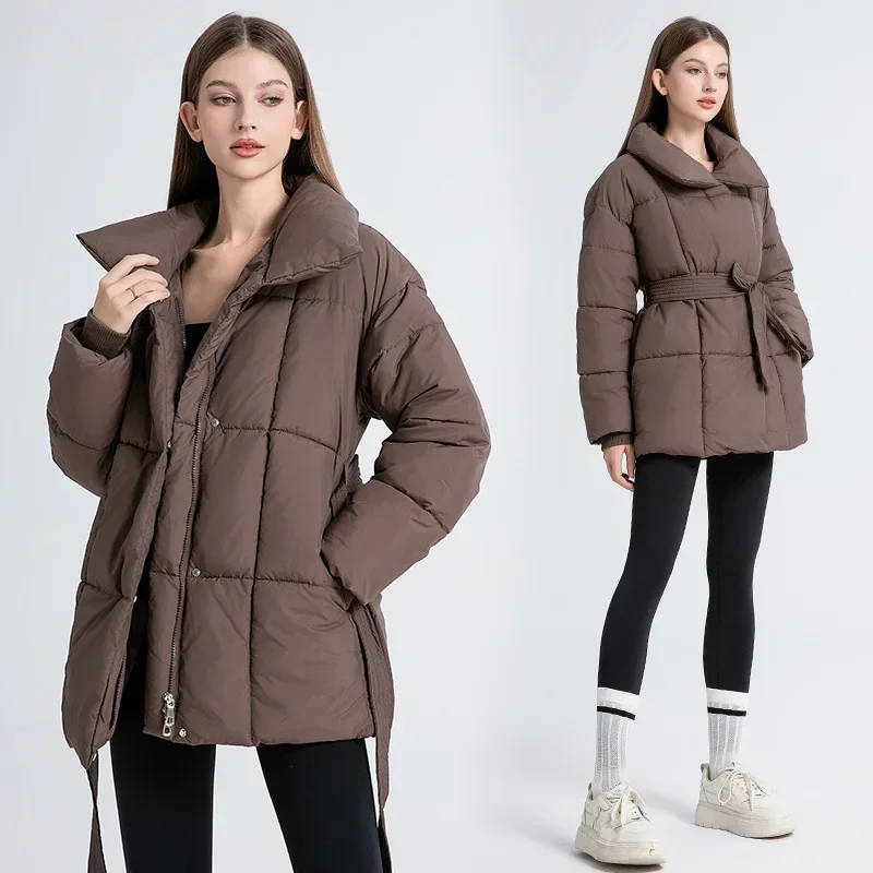 Winter Down Cotton Coat Women's Warm Stand Collar Waistband Parkas Jacket Ladies Elegant Temperament Parkas Female Coat