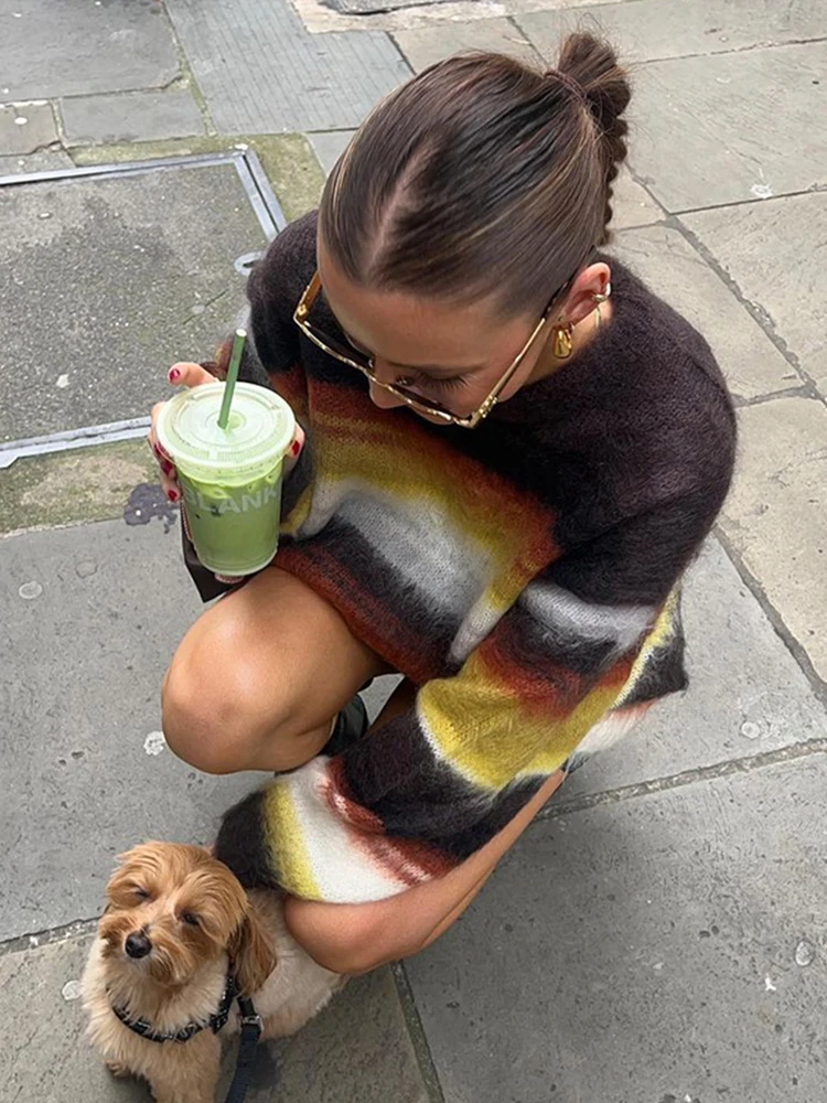 Casual Striped Knitted Fuzzy Sweater Women Cozy Loose Colorful